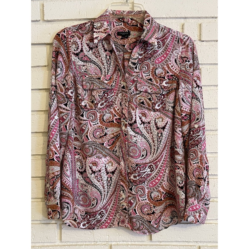 Talbots Womens Shirt Sz. XS Petite Pink Paisley โ Button Up, Roll Tab Sleeves